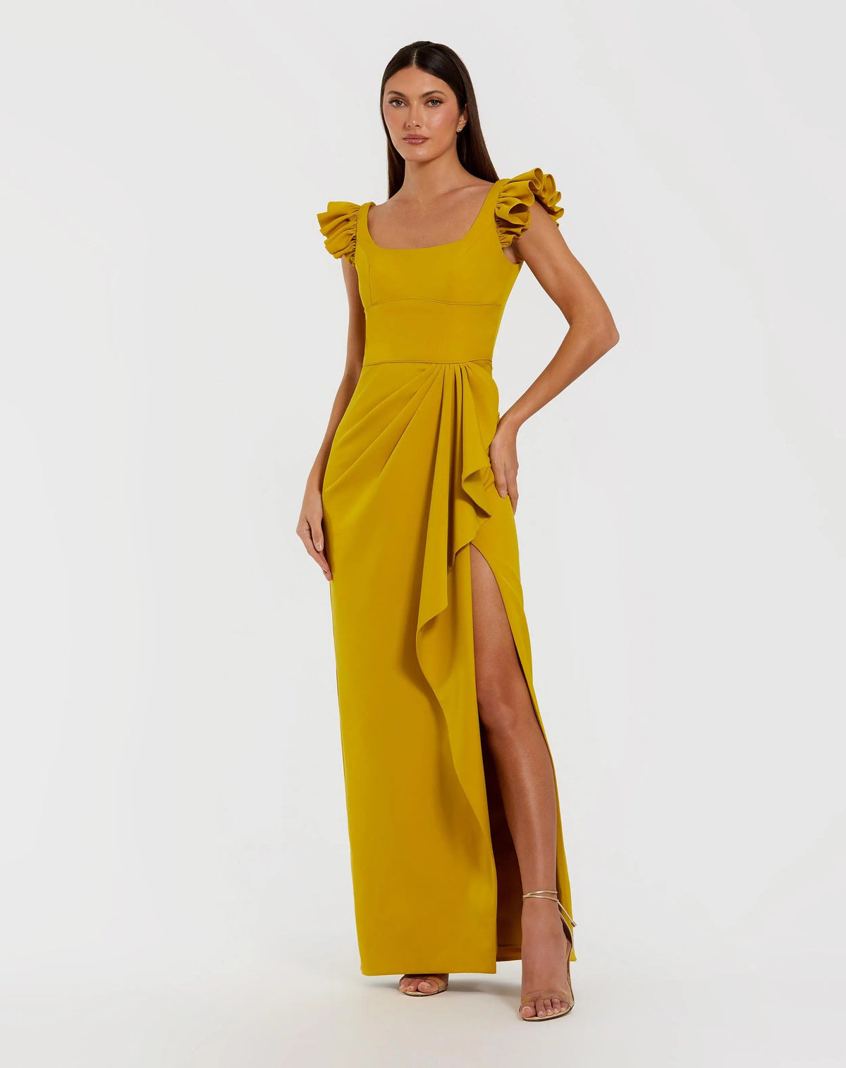 Yellow Square Neck Ruffle Slit Gown