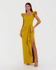 Yellow Square Neck Ruffle Slit Gown