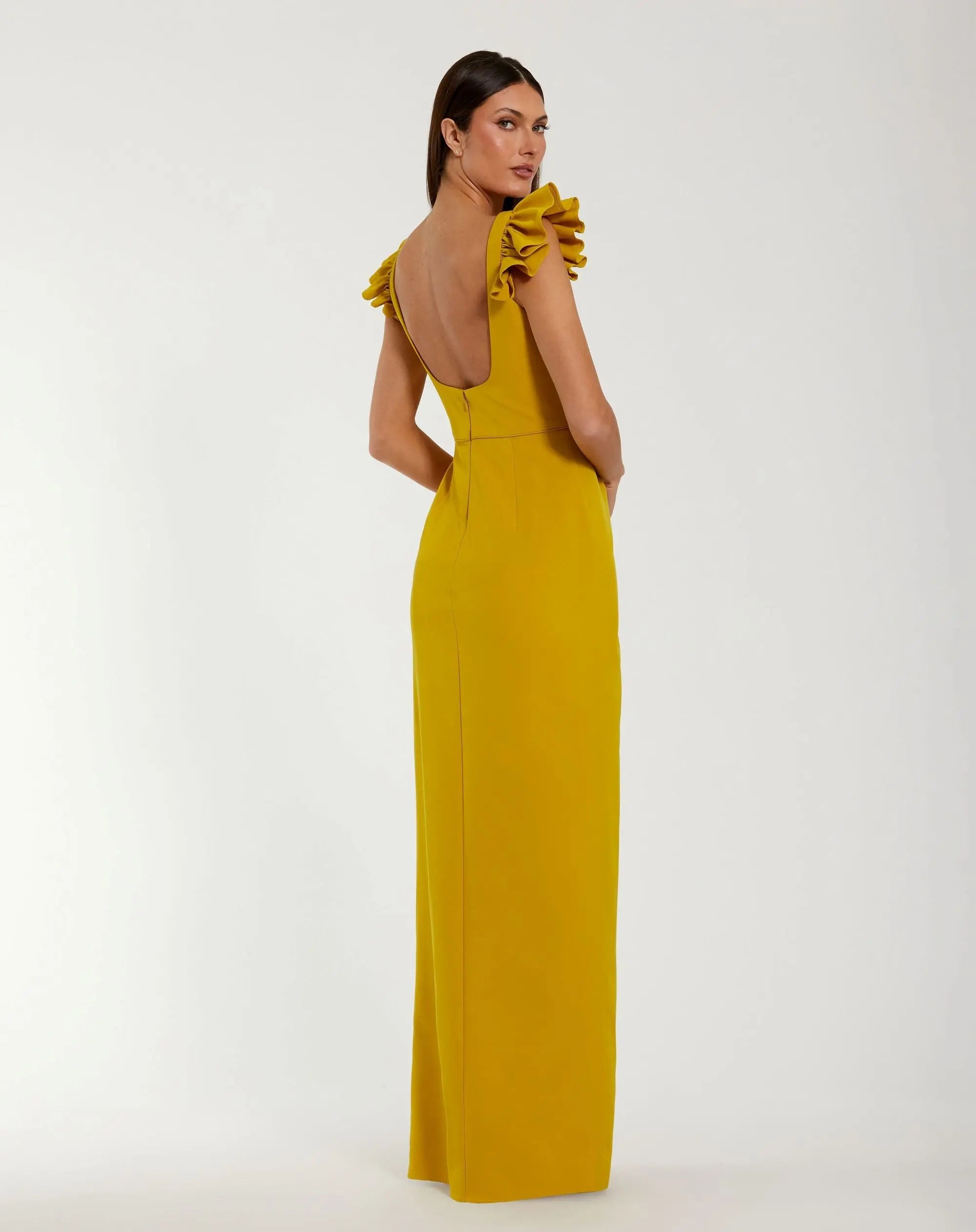 Yellow Square Neck Ruffle Slit Gown