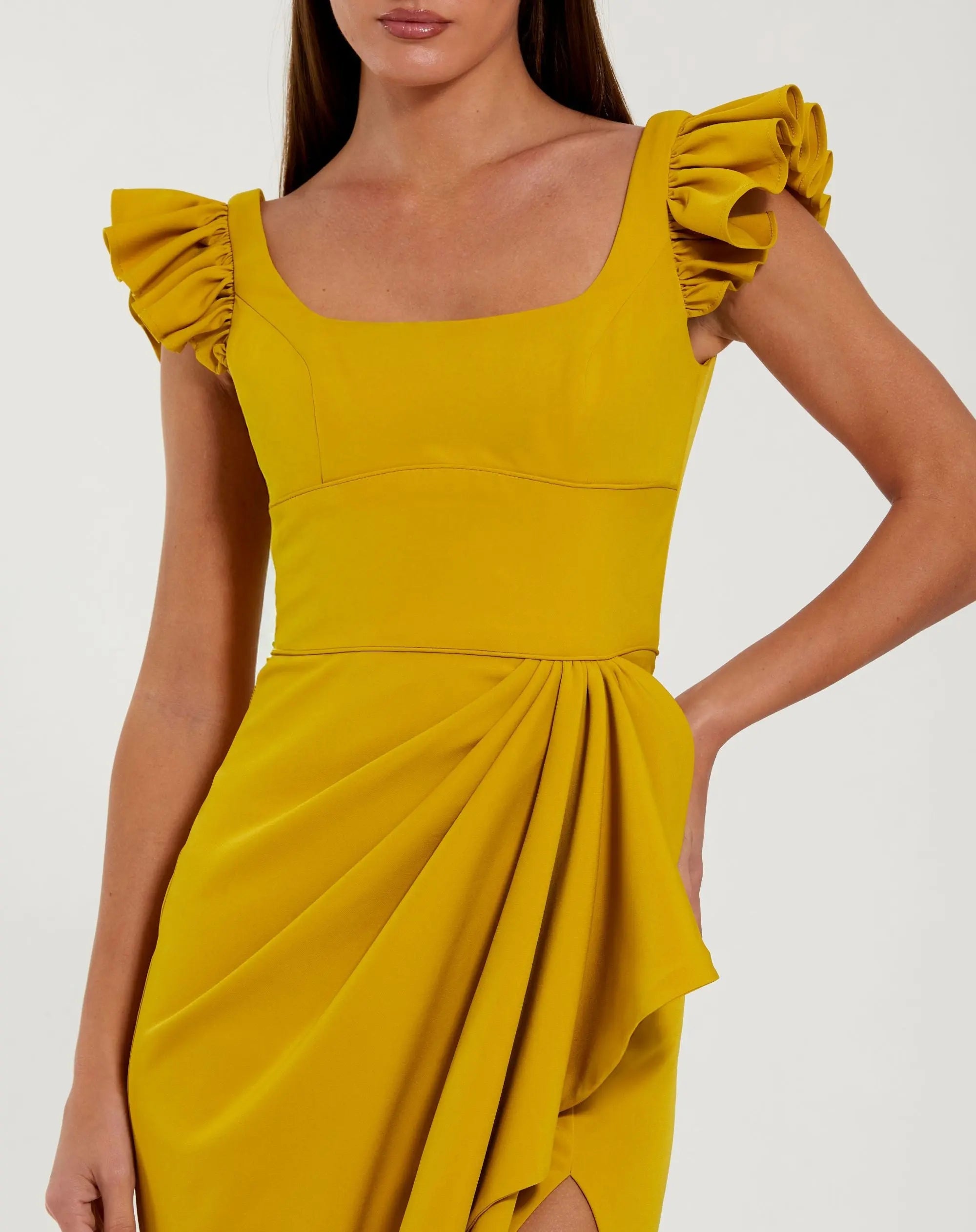 Yellow Square Neck Ruffle Slit Gown