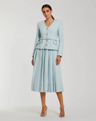 Blue Boucle Long Sleeve V Neck Midi Dress With Buttons