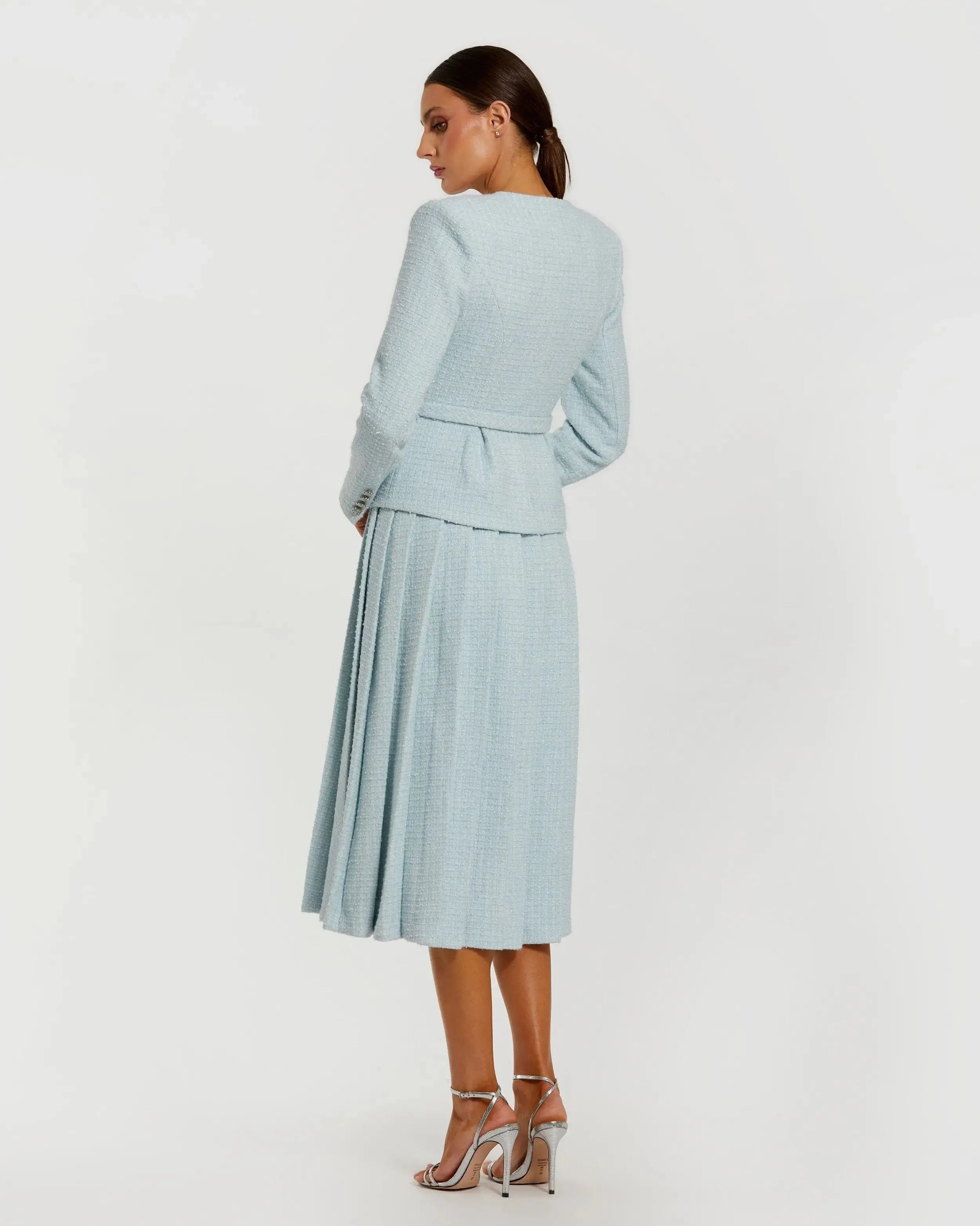 Blue Boucle Long Sleeve V Neck Midi Dress With Buttons
