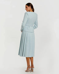 Blue Boucle Long Sleeve V Neck Midi Dress With Buttons