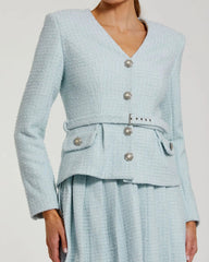 Blue Boucle Long Sleeve V Neck Midi Dress With Buttons