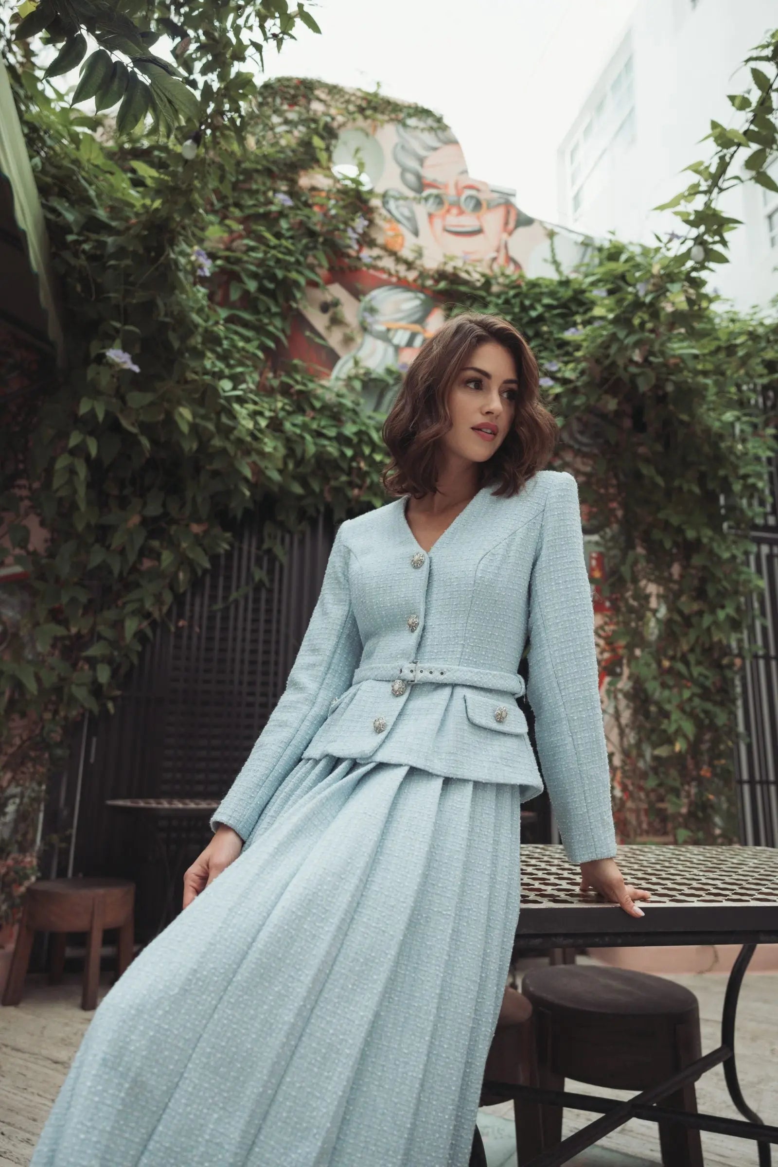 Blue Boucle Long Sleeve V Neck Midi Dress With Buttons