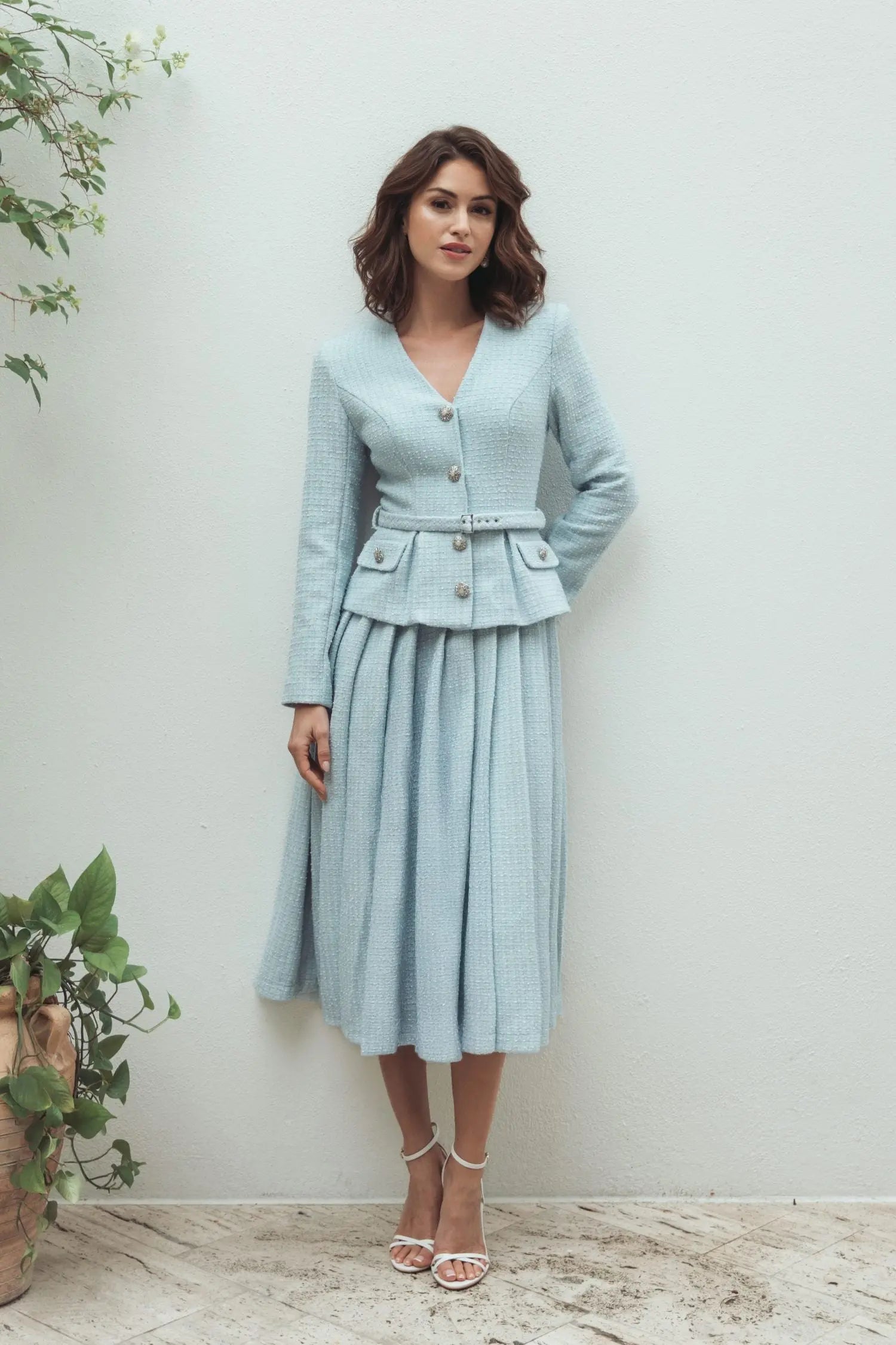 Blue Boucle Long Sleeve V Neck Midi Dress With Buttons