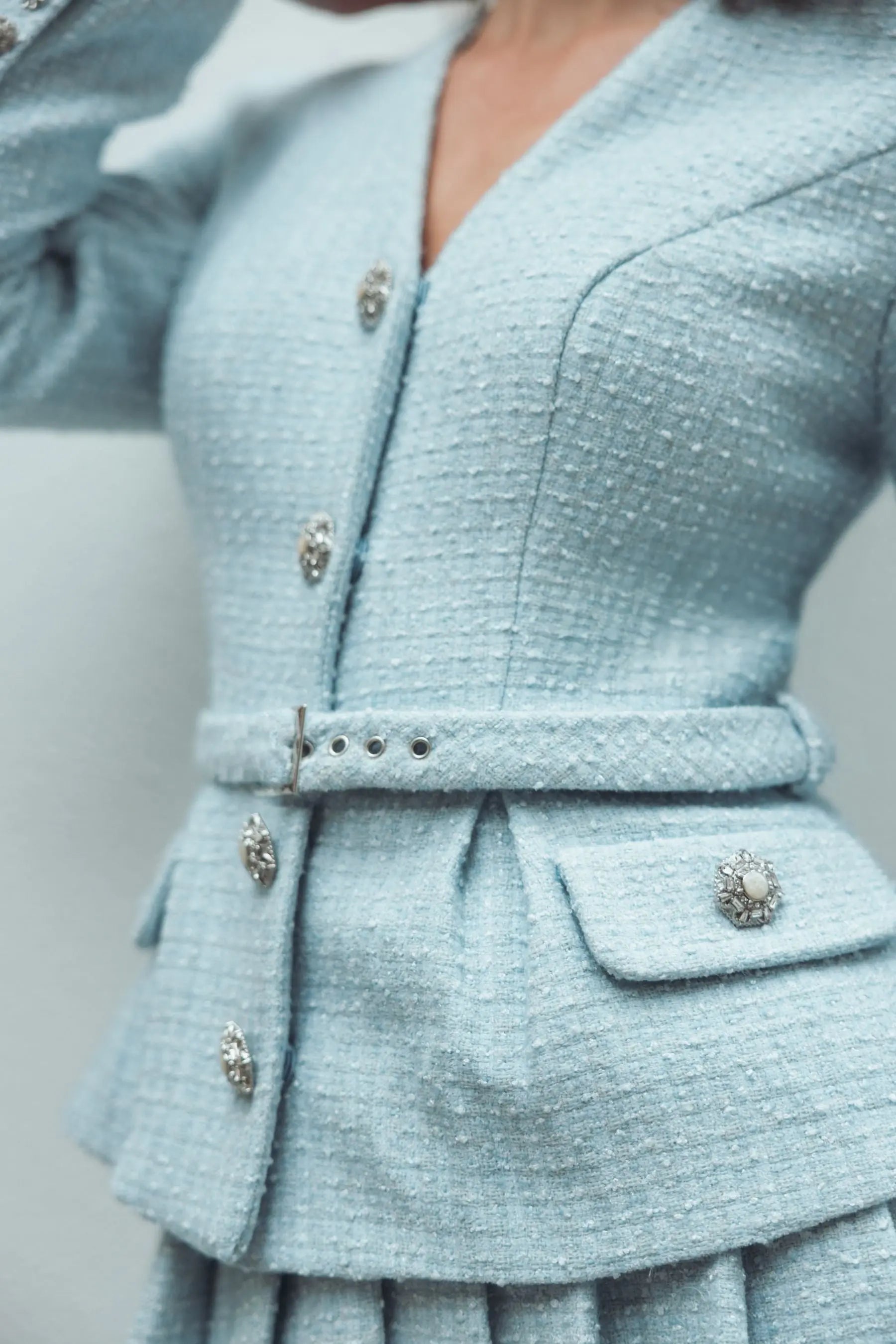Blue Boucle Long Sleeve V Neck Midi Dress With Buttons