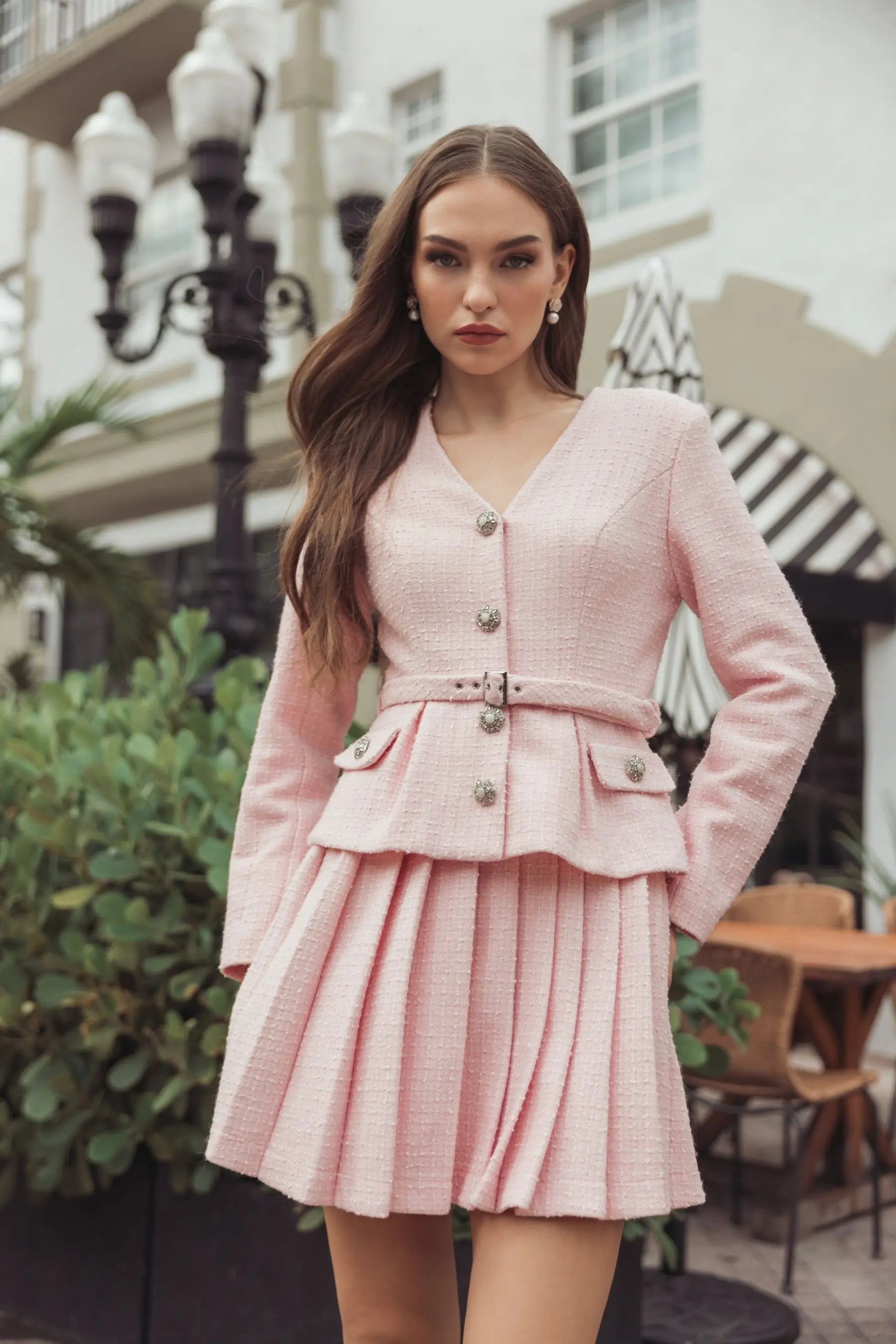 Light Pink Boucle Long Sleeve V-Neck Mini Dress