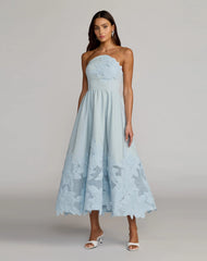 Blue Strapless Floral Appliqué Midi Dress