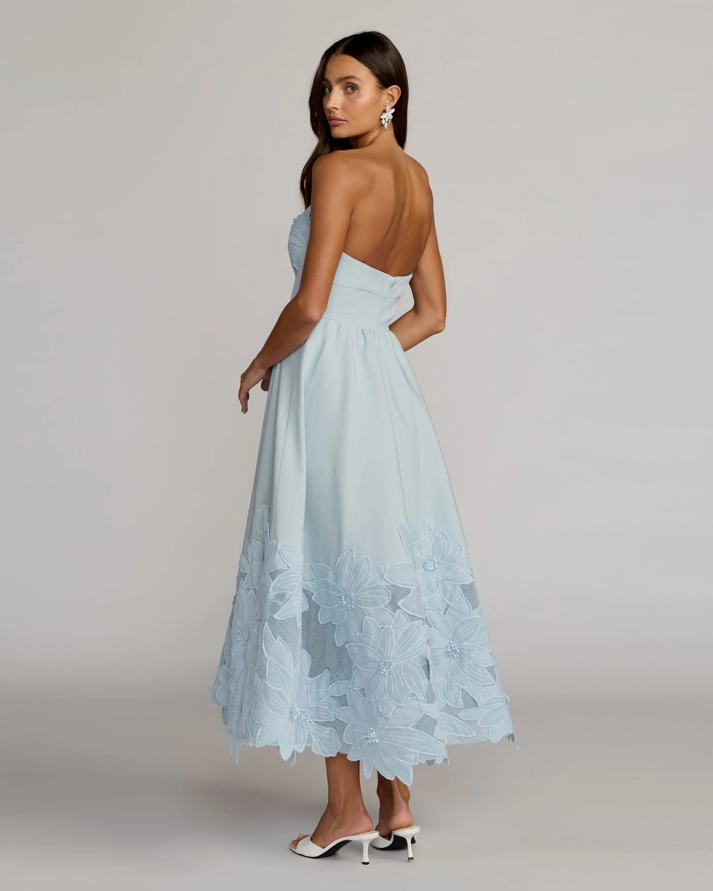 Blue Strapless Floral Appliqué Midi Dress