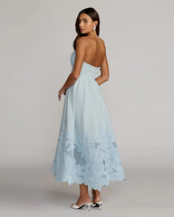 Blue Strapless Floral Appliqué Midi Dress