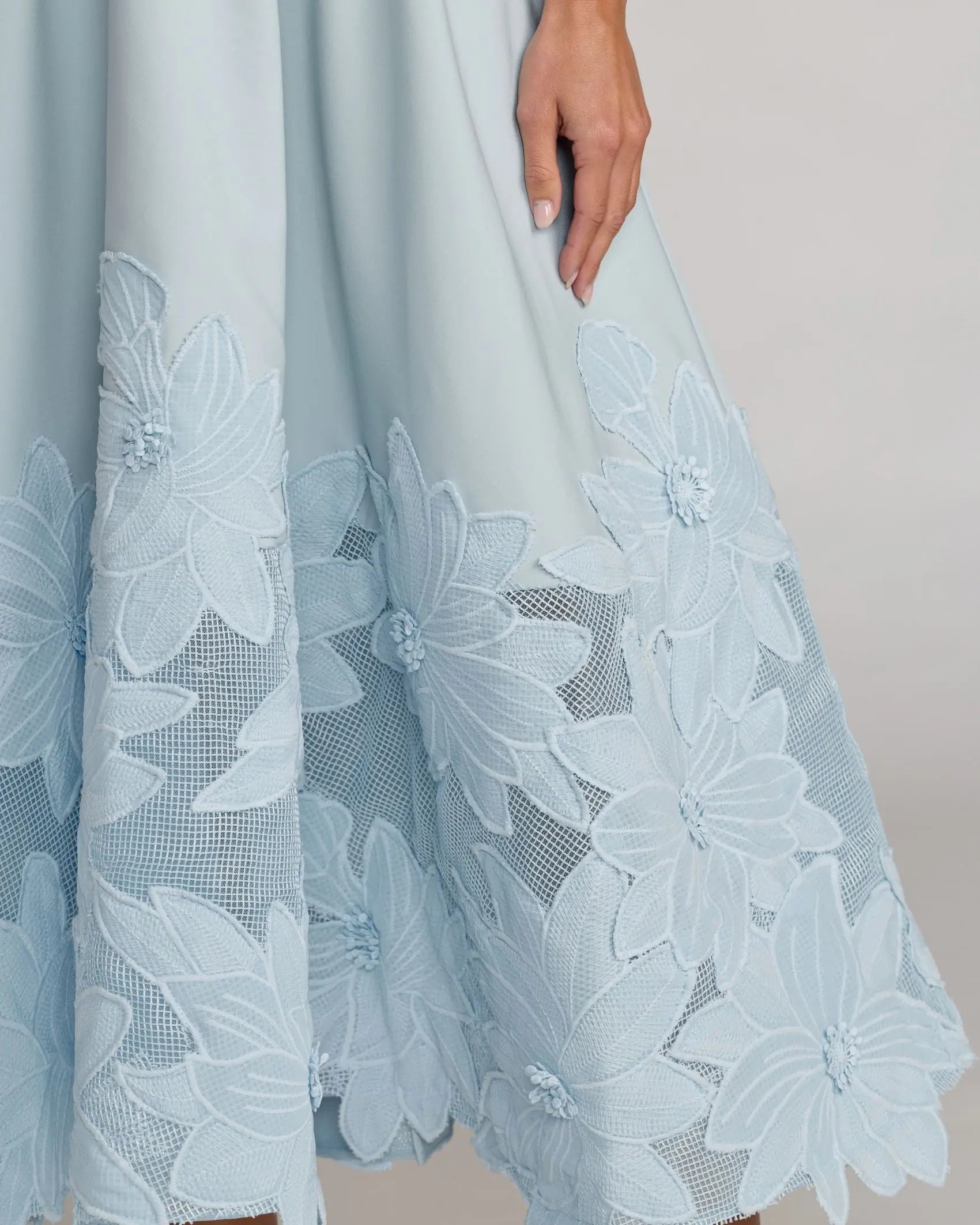 Blue Strapless Floral Appliqué Midi Dress