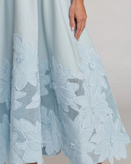 Blue Strapless Floral Appliqué Midi Dress
