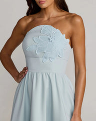 Blue Strapless Floral Appliqué Midi Dress