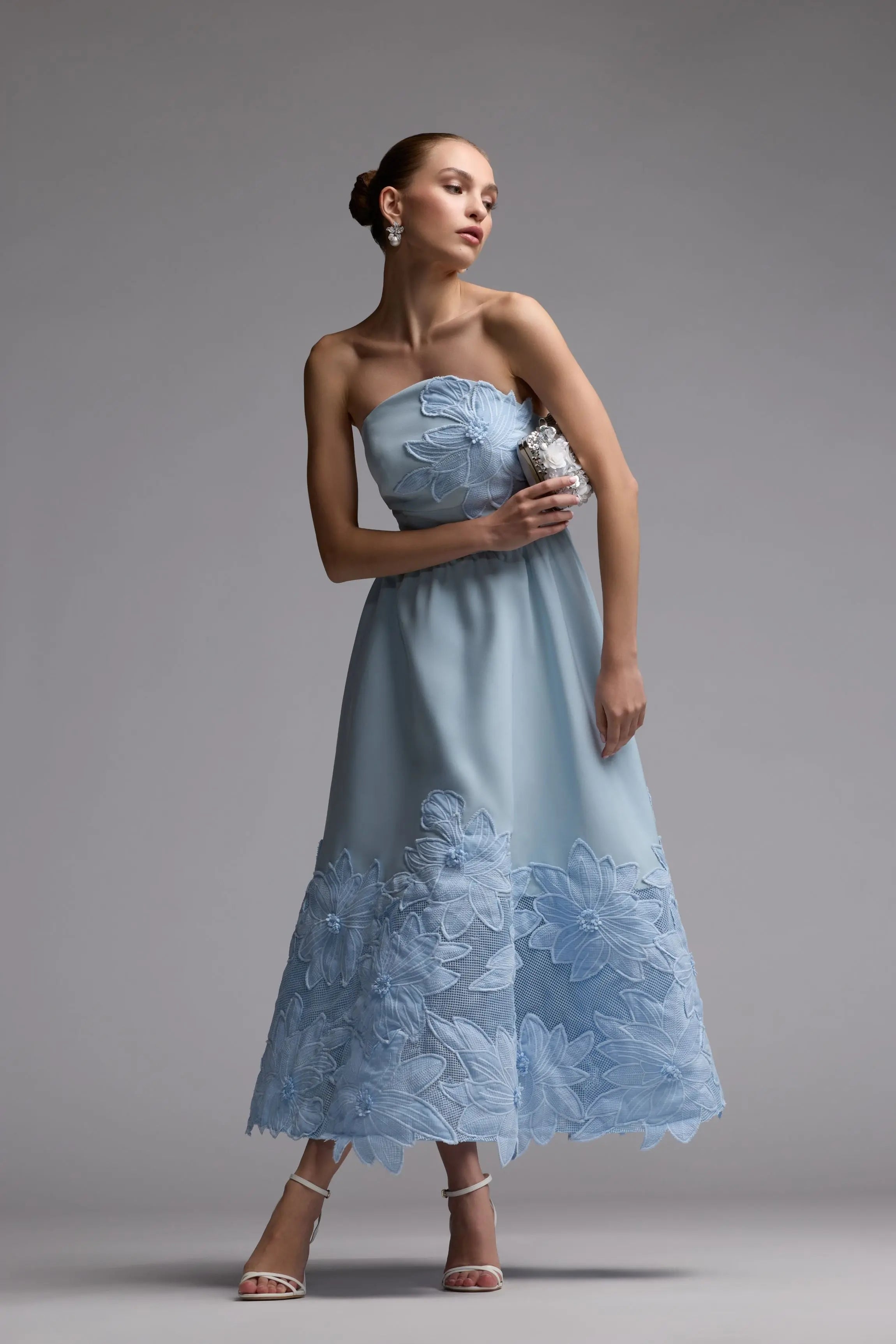 Blue Strapless Floral Appliqué Midi Dress