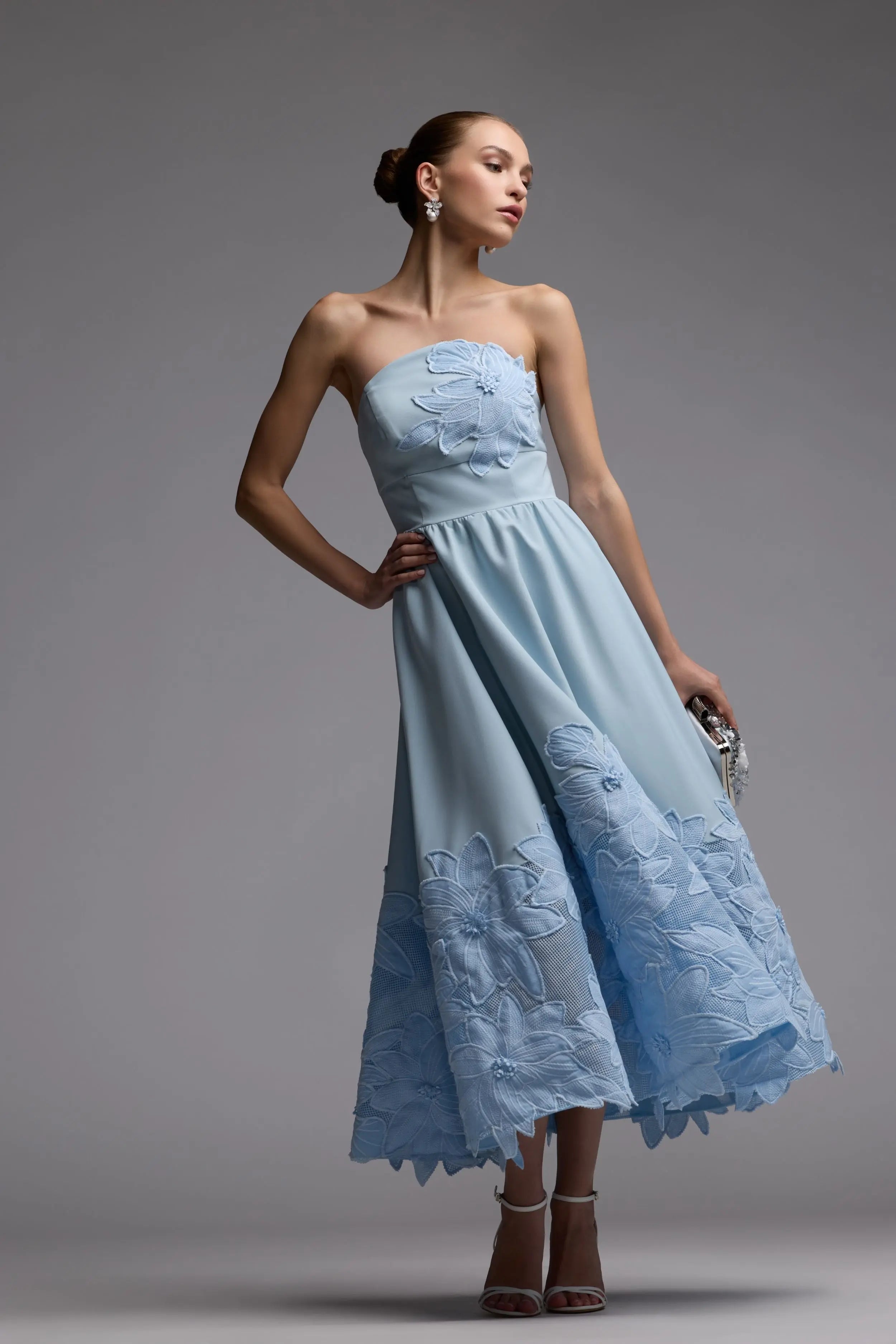 Blue Strapless Floral Appliqué Midi Dress