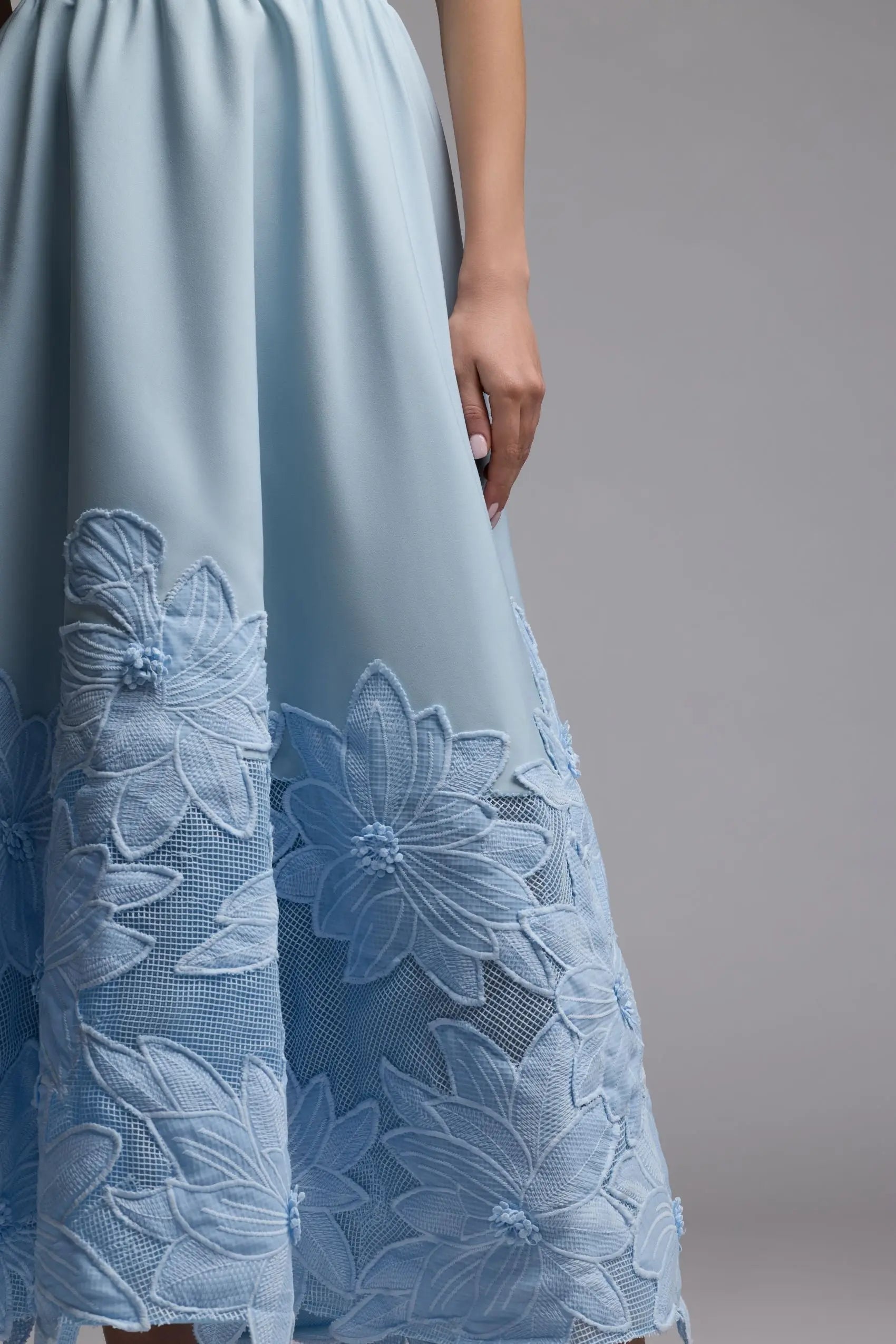 Blue Strapless Floral Appliqué Midi Dress