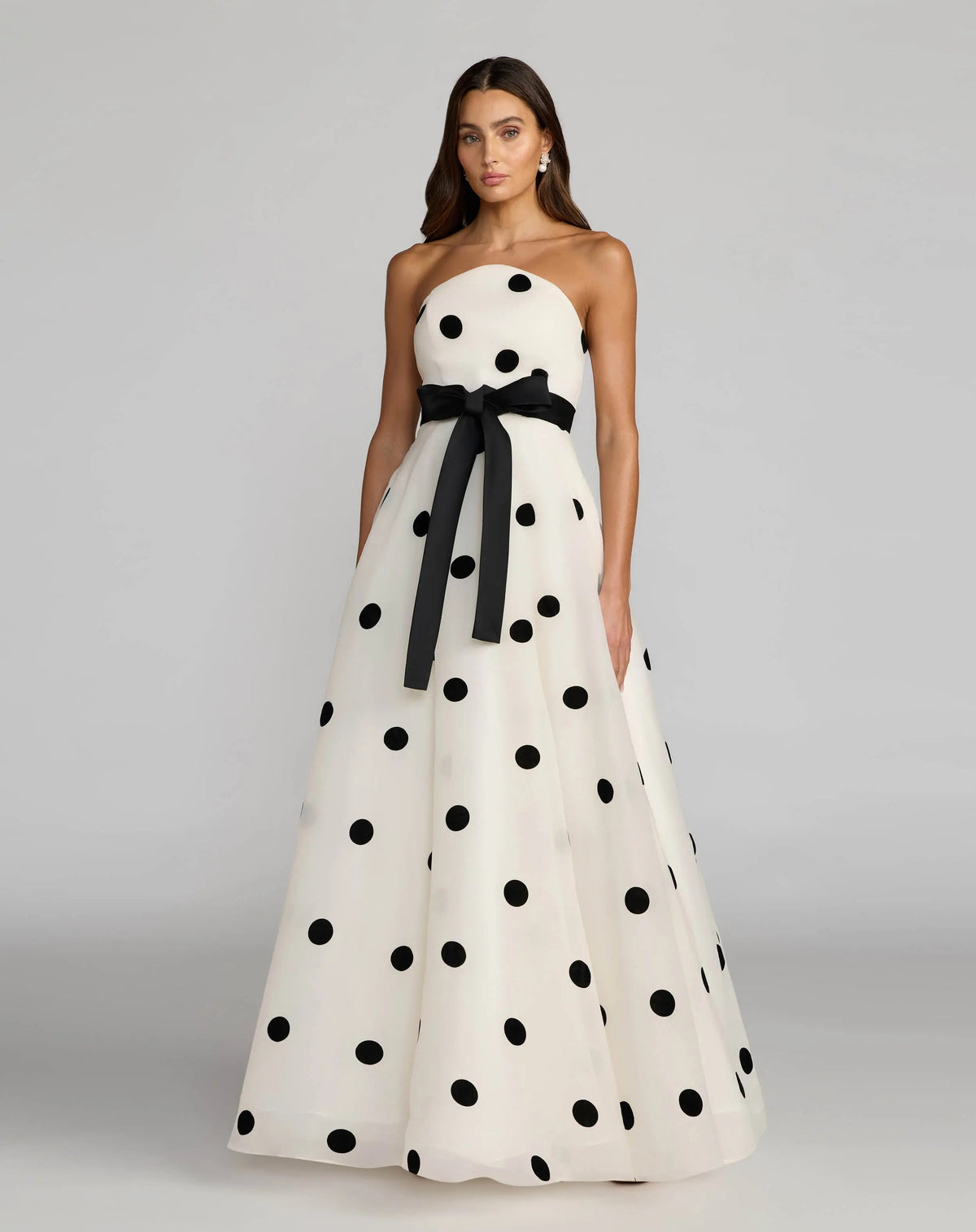 White Strapless Polka Dot Organza Gown With Satin Bow