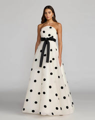White Strapless Polka Dot Organza Gown With Satin Bow