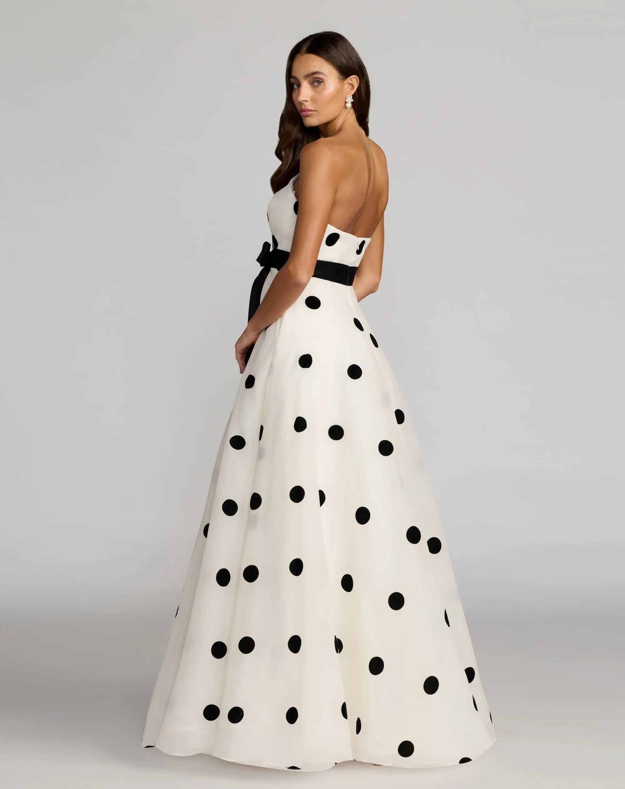 White Strapless Polka Dot Organza Gown With Satin Bow