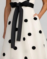 White Strapless Polka Dot Organza Gown With Satin Bow