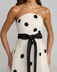White Strapless Polka Dot Organza Gown With Satin Bow
