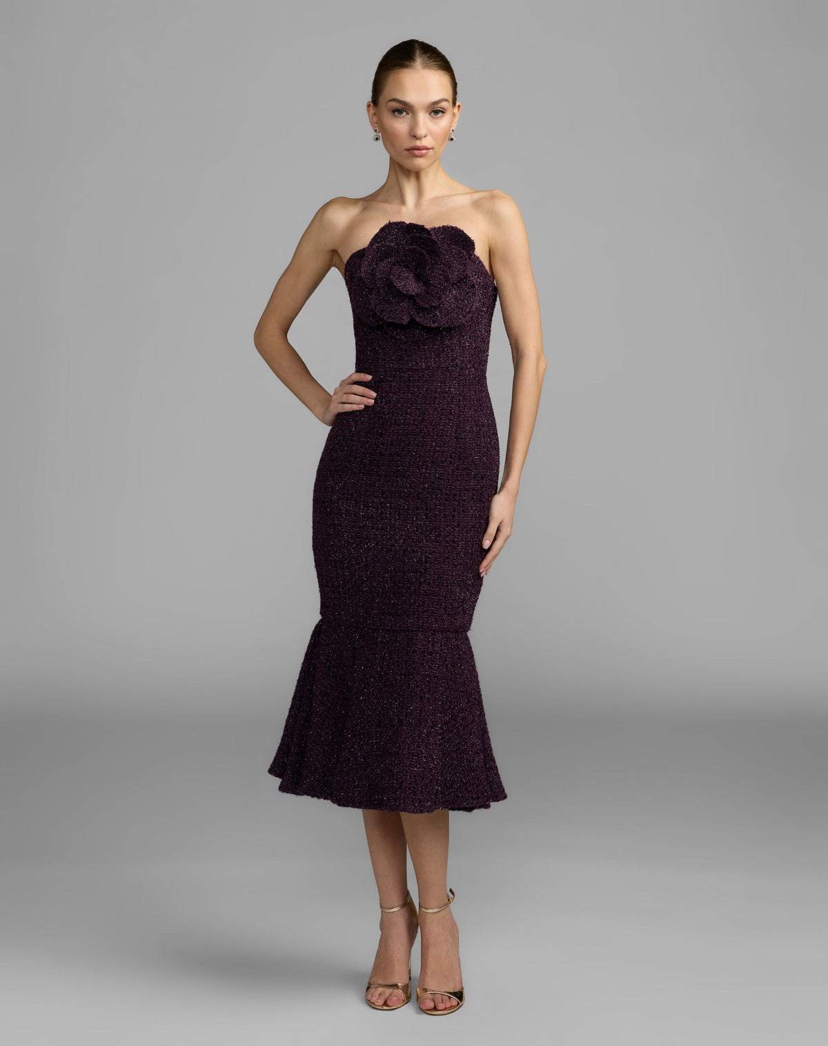 Purple Boucle Strapless Midi Dress With 3D Flower