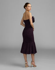 Purple Boucle Strapless Midi Dress With 3D Flower