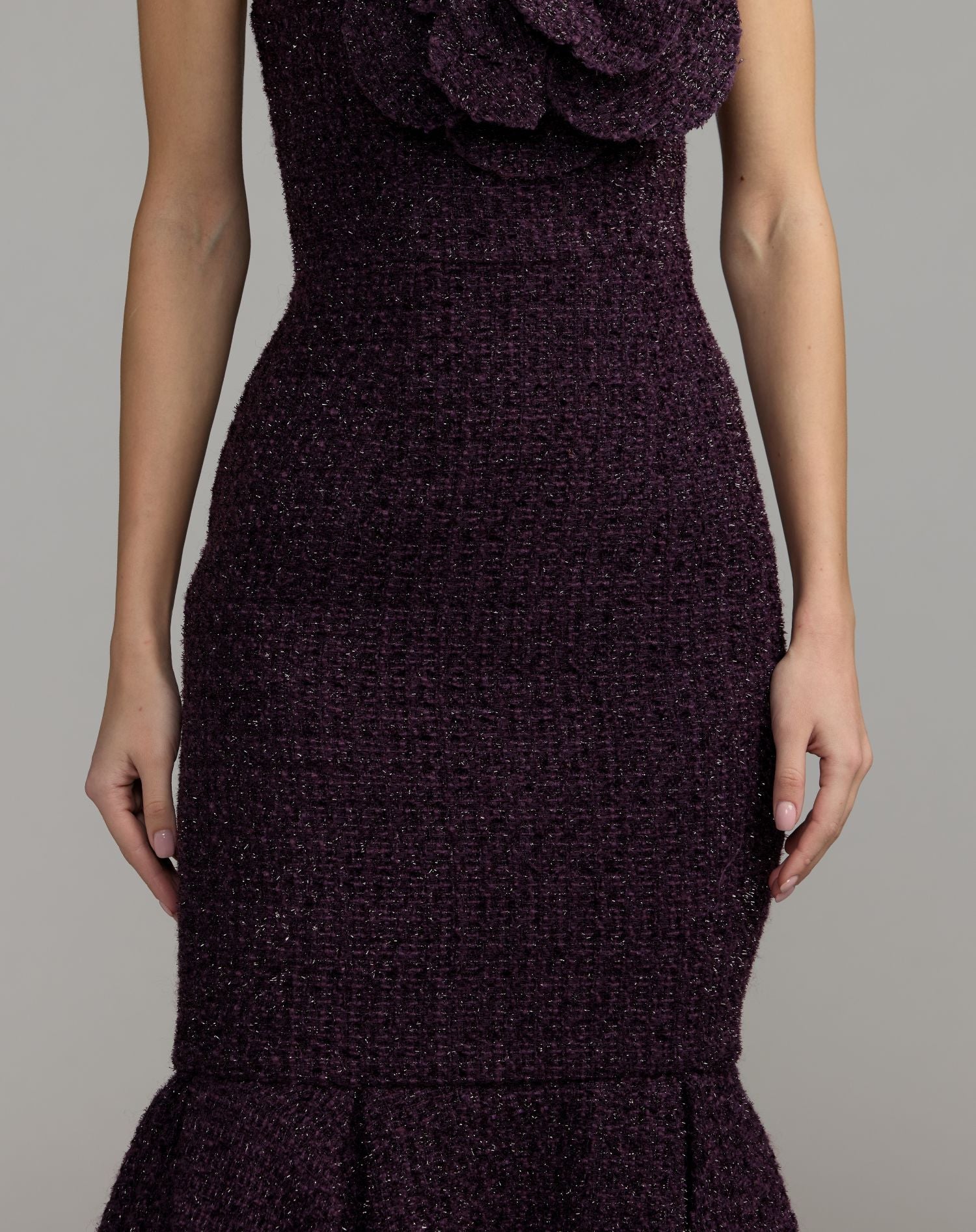 Purple Boucle Strapless Midi Dress With 3D Flower
