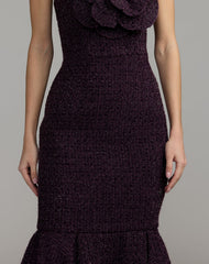 Purple Boucle Strapless Midi Dress With 3D Flower