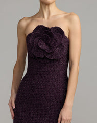 Purple Boucle Strapless Midi Dress With 3D Flower