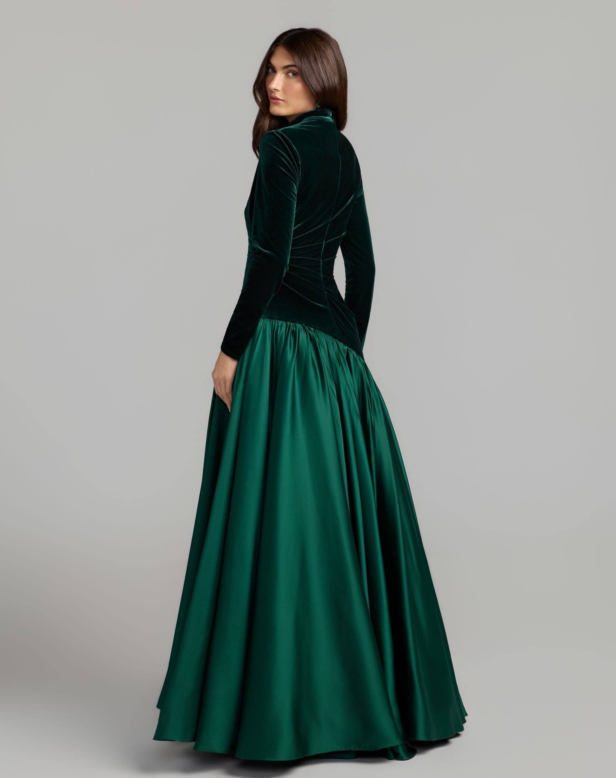 Emerald Green Velvet Bodice Long Sleeve Charmeuse Gown