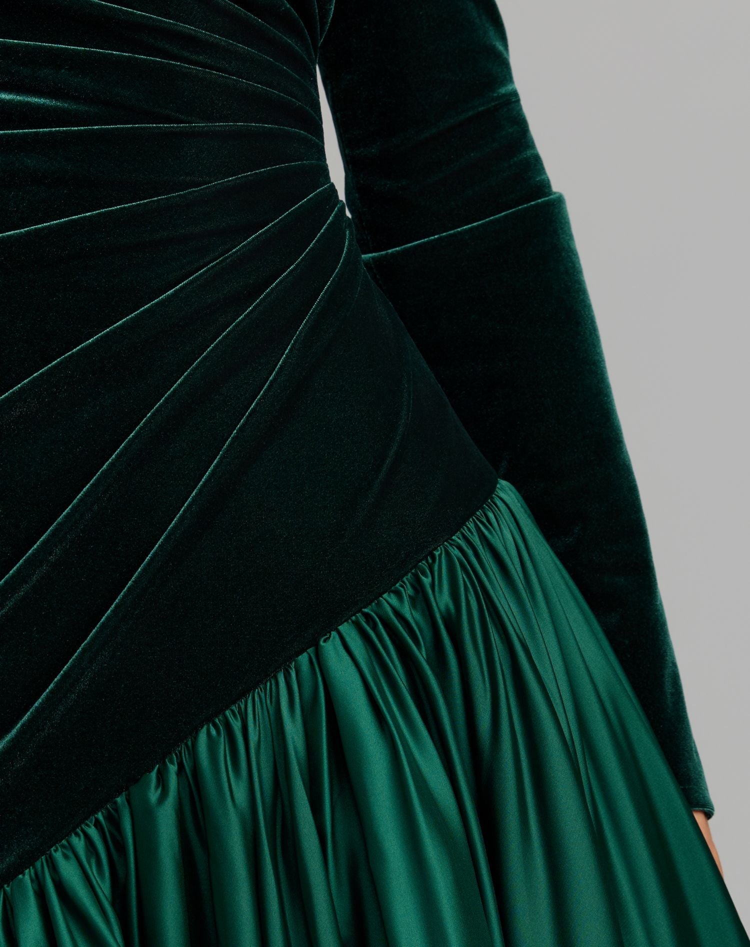 Emerald Green Velvet Bodice Long Sleeve Charmeuse Gown