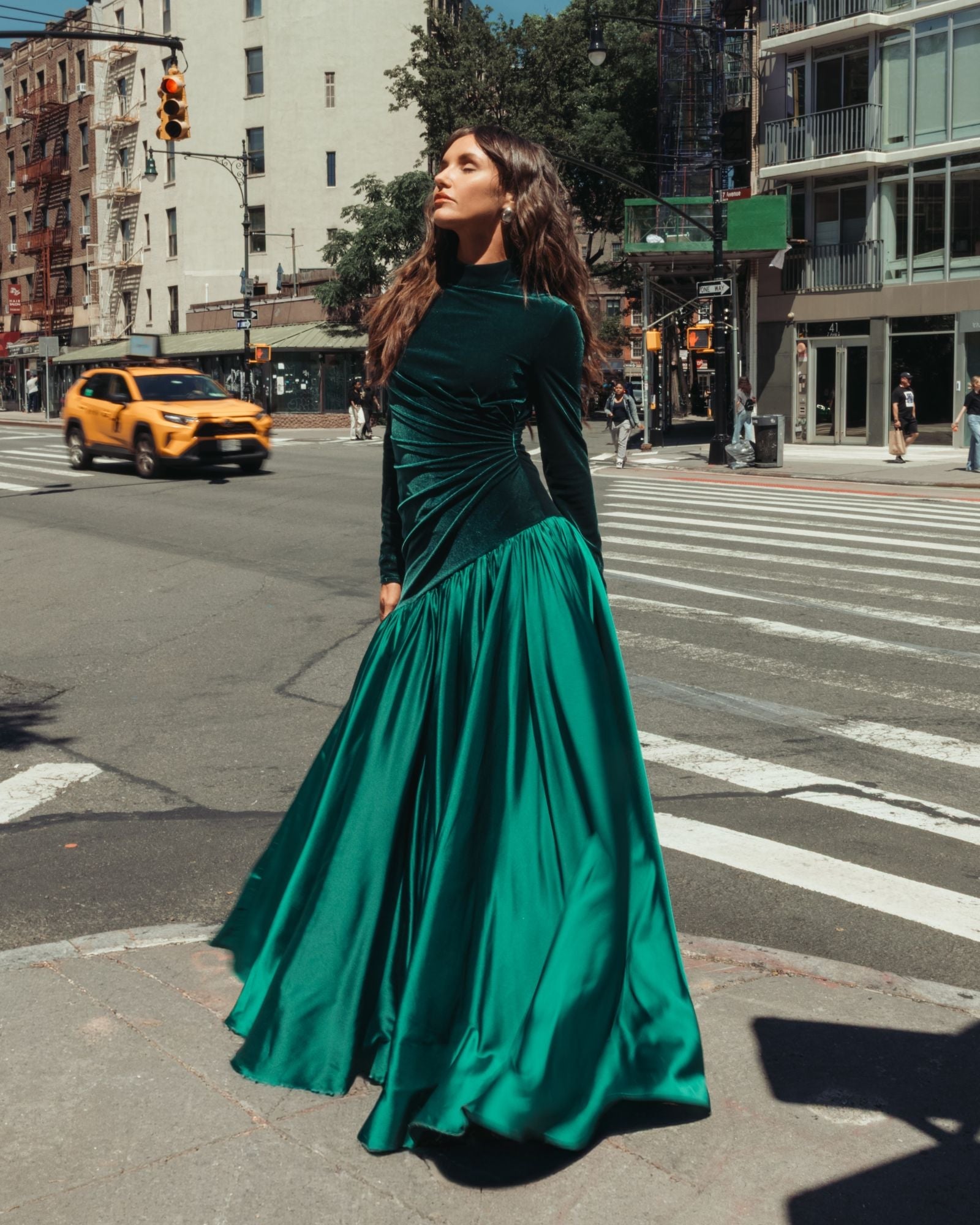 Emerald Green Velvet Bodice Long Sleeve Charmeuse Gown