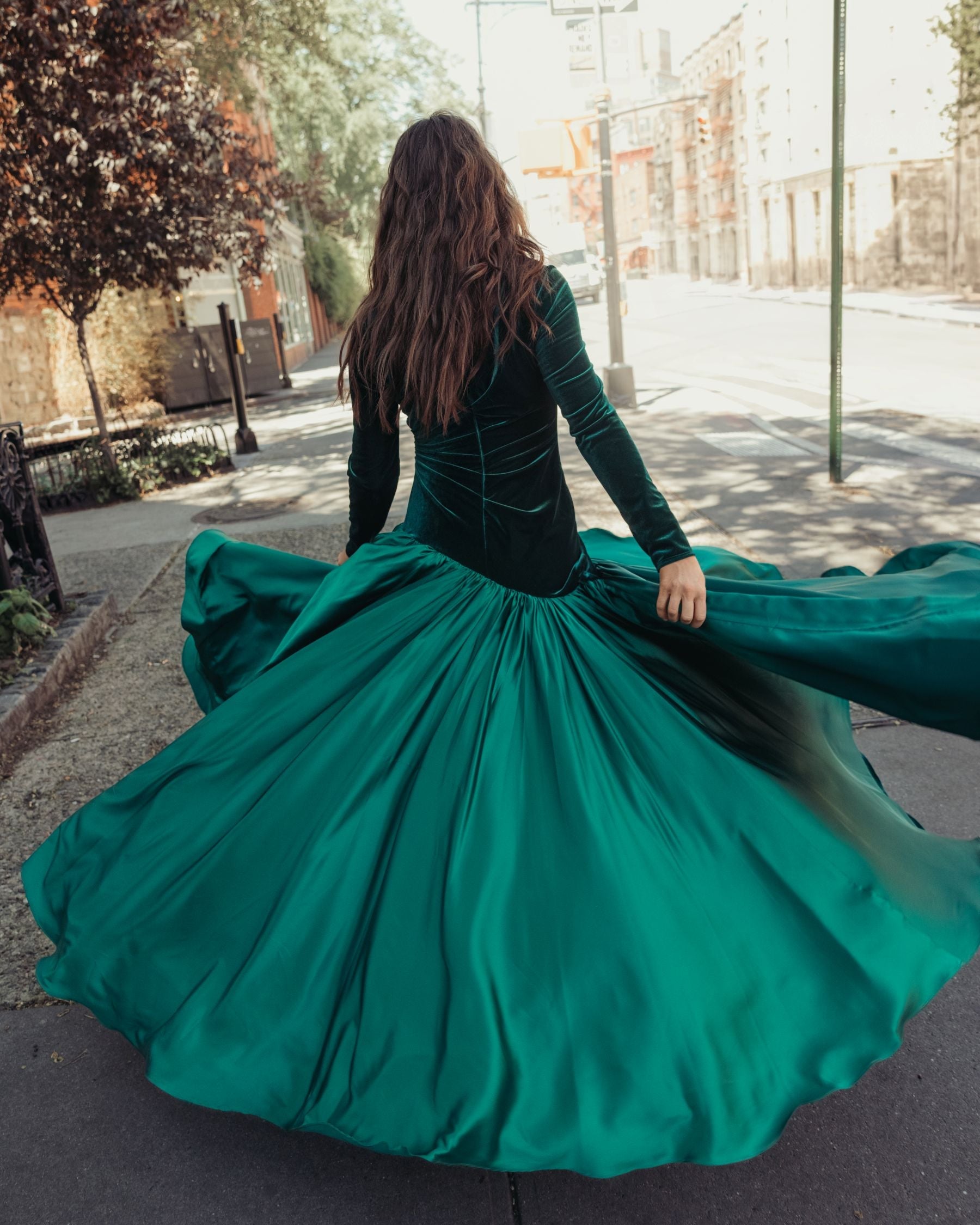 Emerald Green Velvet Bodice Long Sleeve Charmeuse Gown