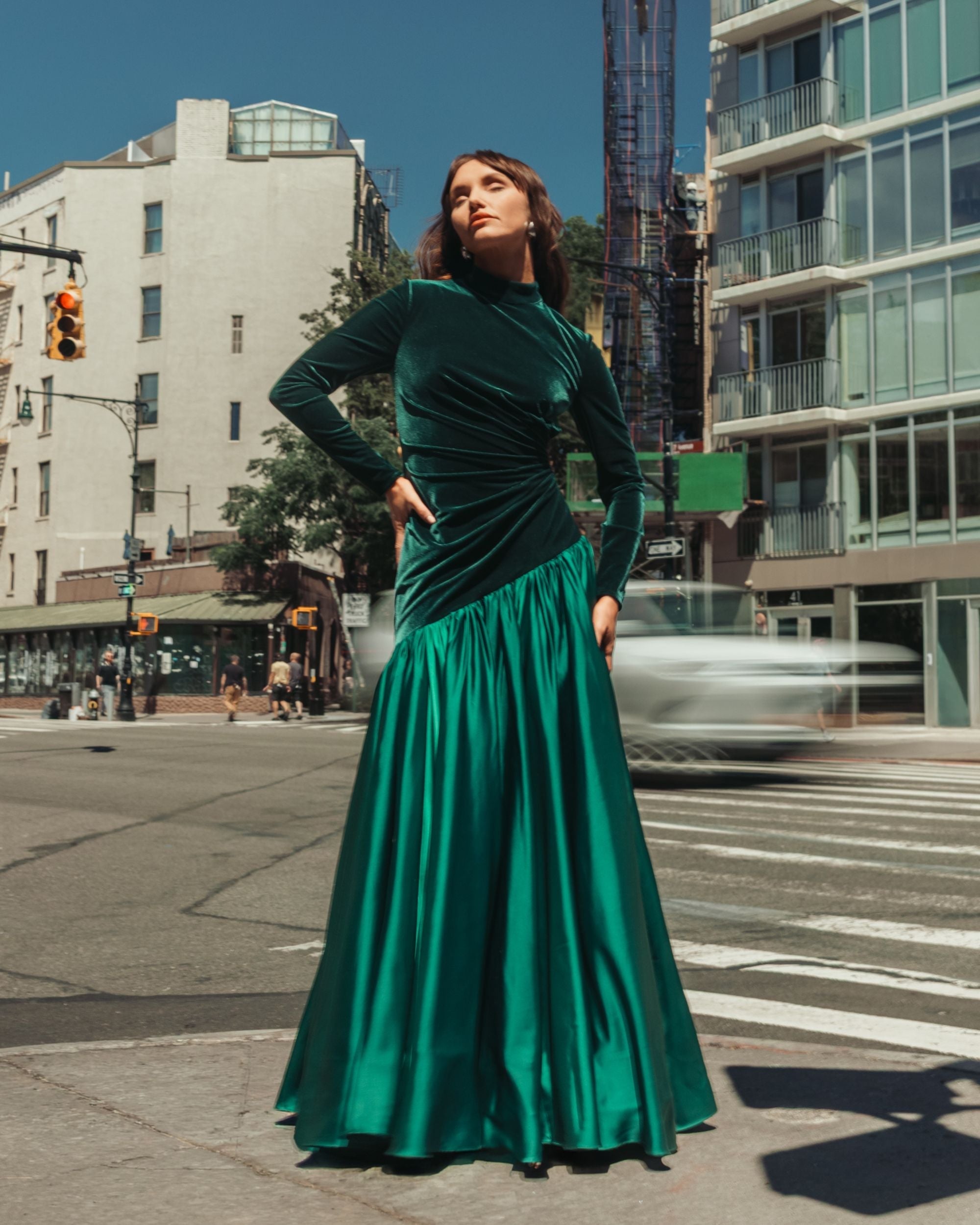 Emerald Green Velvet Bodice Long Sleeve Charmeuse Gown