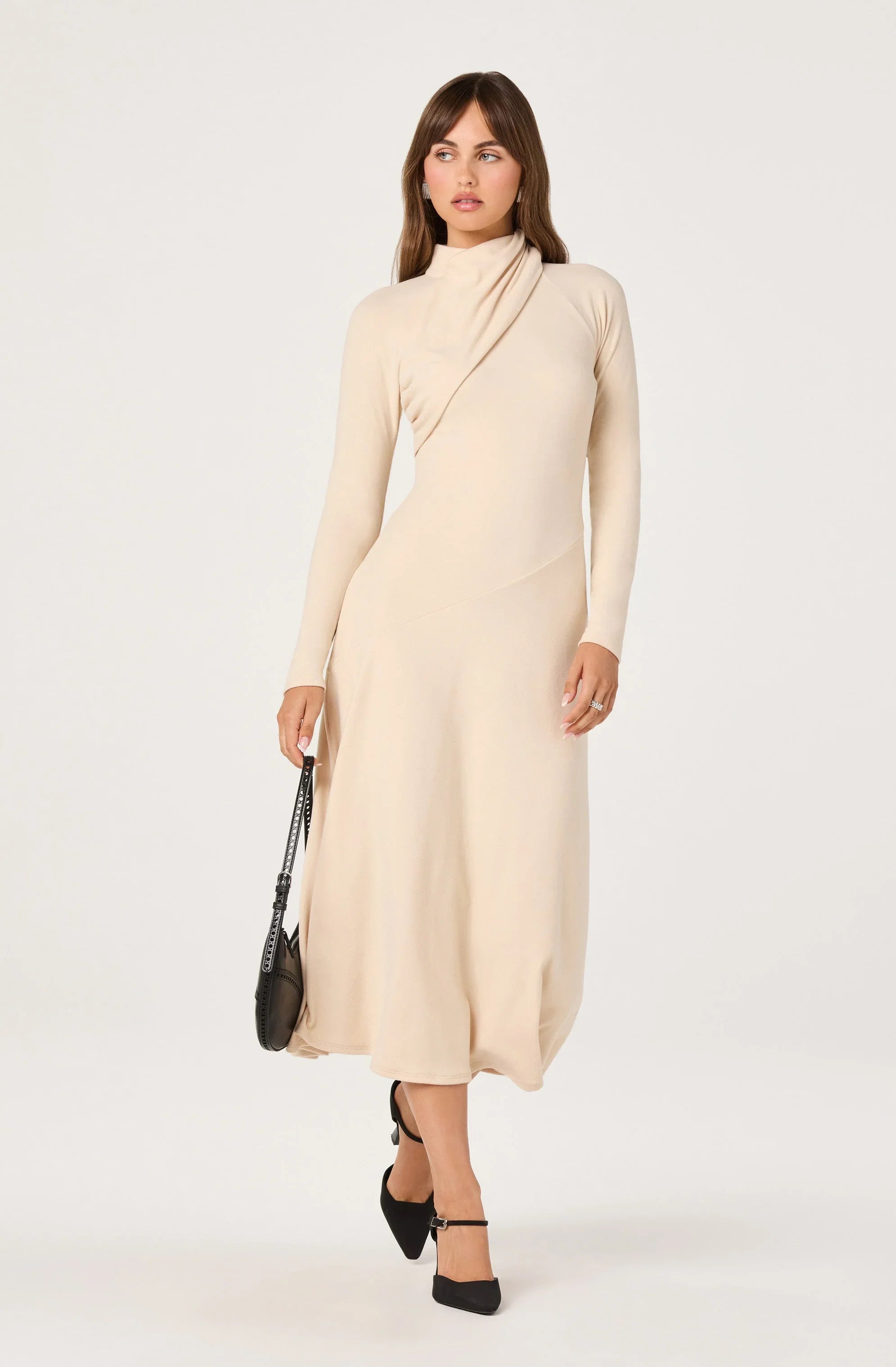 Lbruh Asymmetric Draped Mock Neck Midi Dress