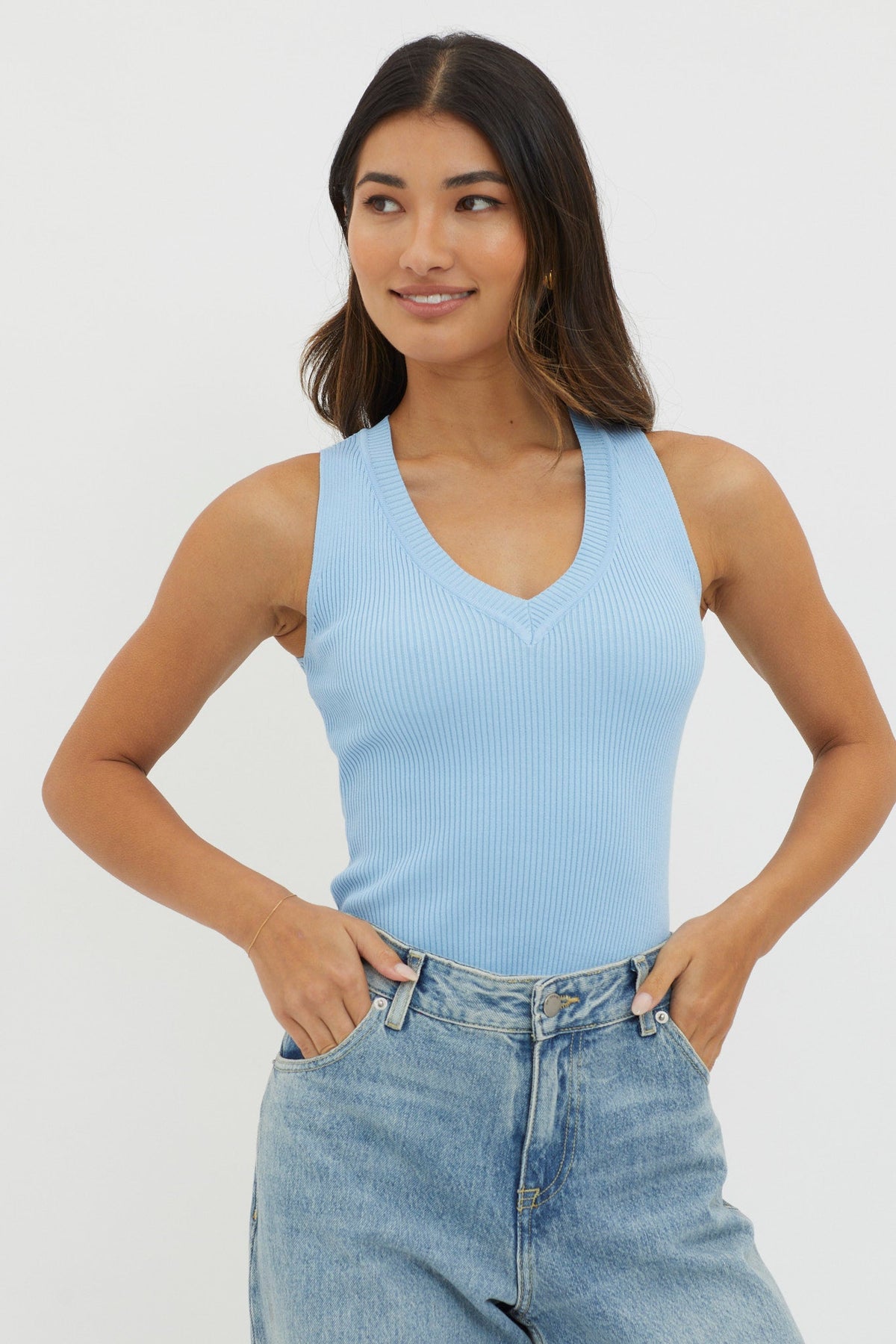 D'Lila V-Neck Ribbed Knit Top Baby Blue Main image