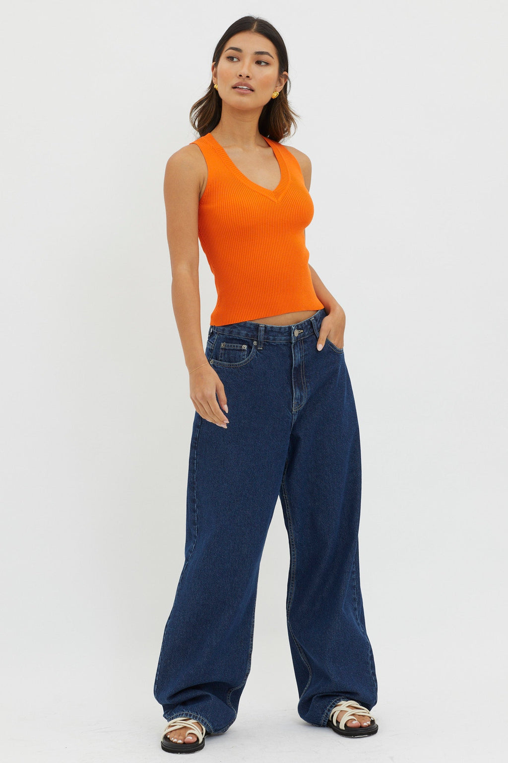 D'Lila V-Neck Ribbed Knit Top Orange