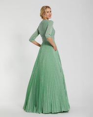 Green Pleated Shimmering 3/4 Sleeve Ball Gown