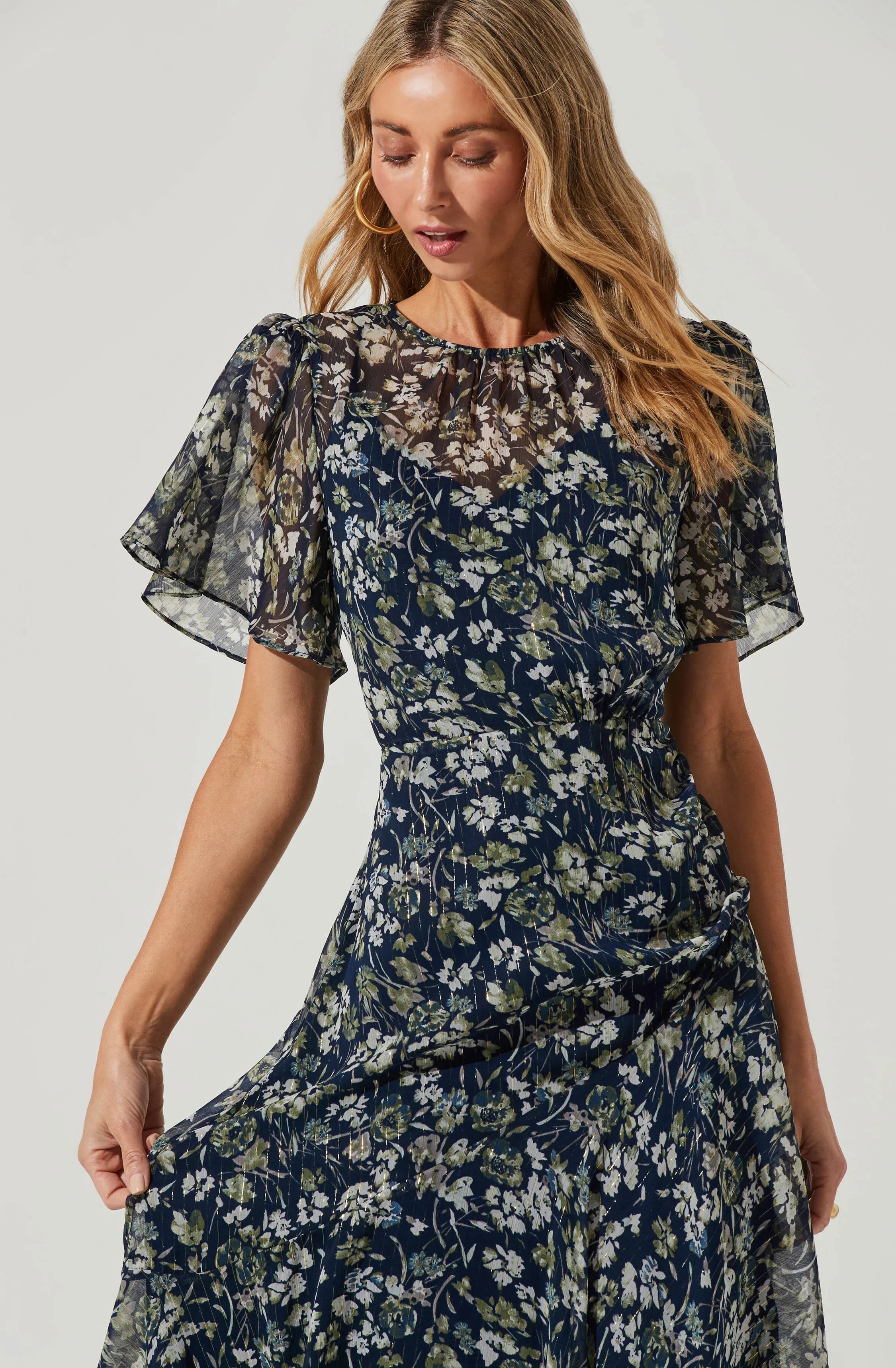 Inixyf Flutter Sleeve Floral Asymmetric Maxi Dress