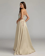 Beige One Shoulder Embellished Gown With Train