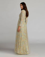 Beige Long Sleeve Embellished Lace A-Line Gown