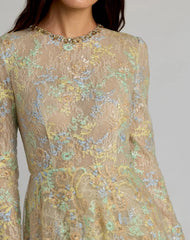 Beige Long Sleeve Embellished Lace A-Line Gown