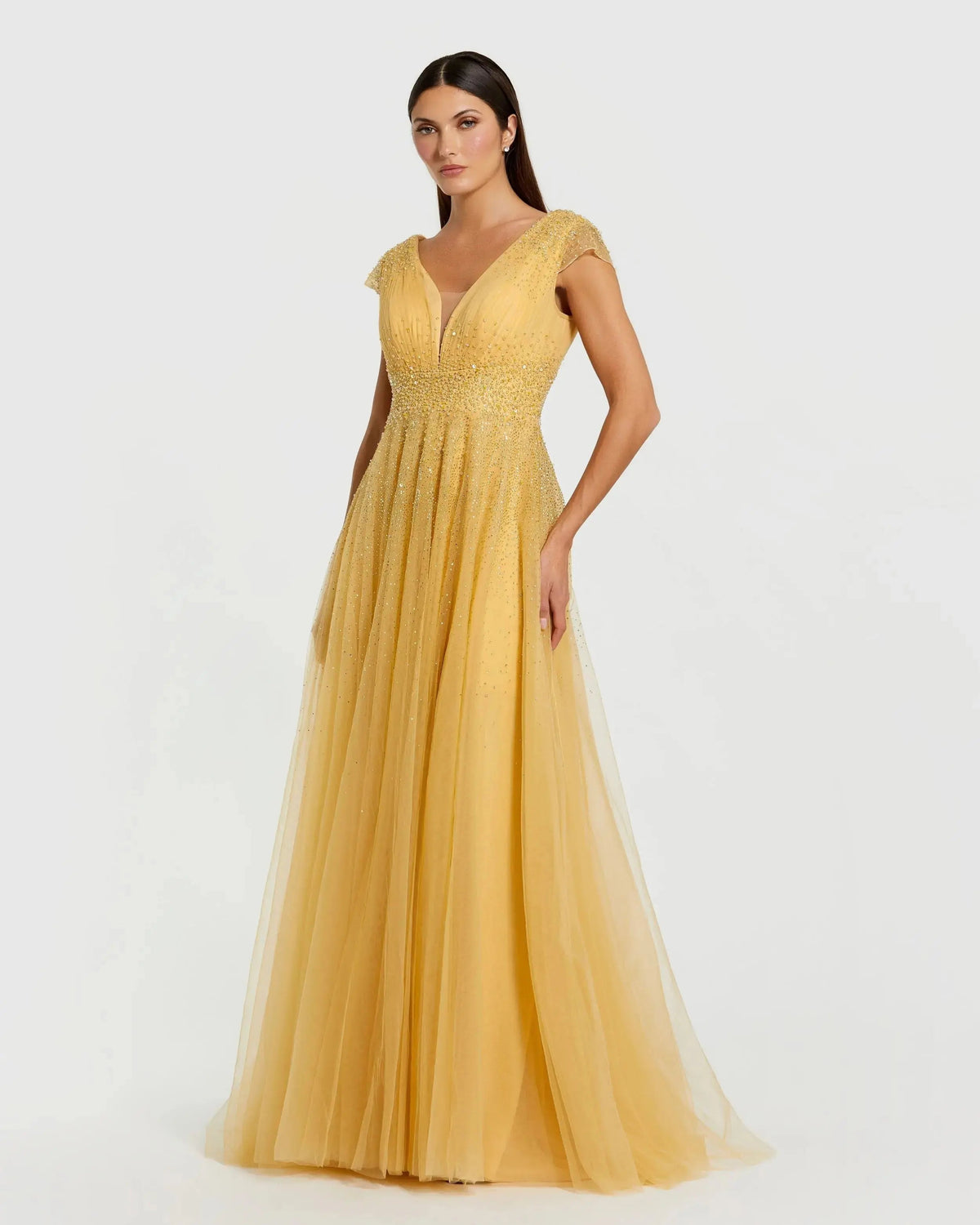 Embellished Cap Sleeve V Neck Tulle Gown