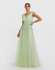 Green Embellished Cap Sleeve V Neck Tulle Gown