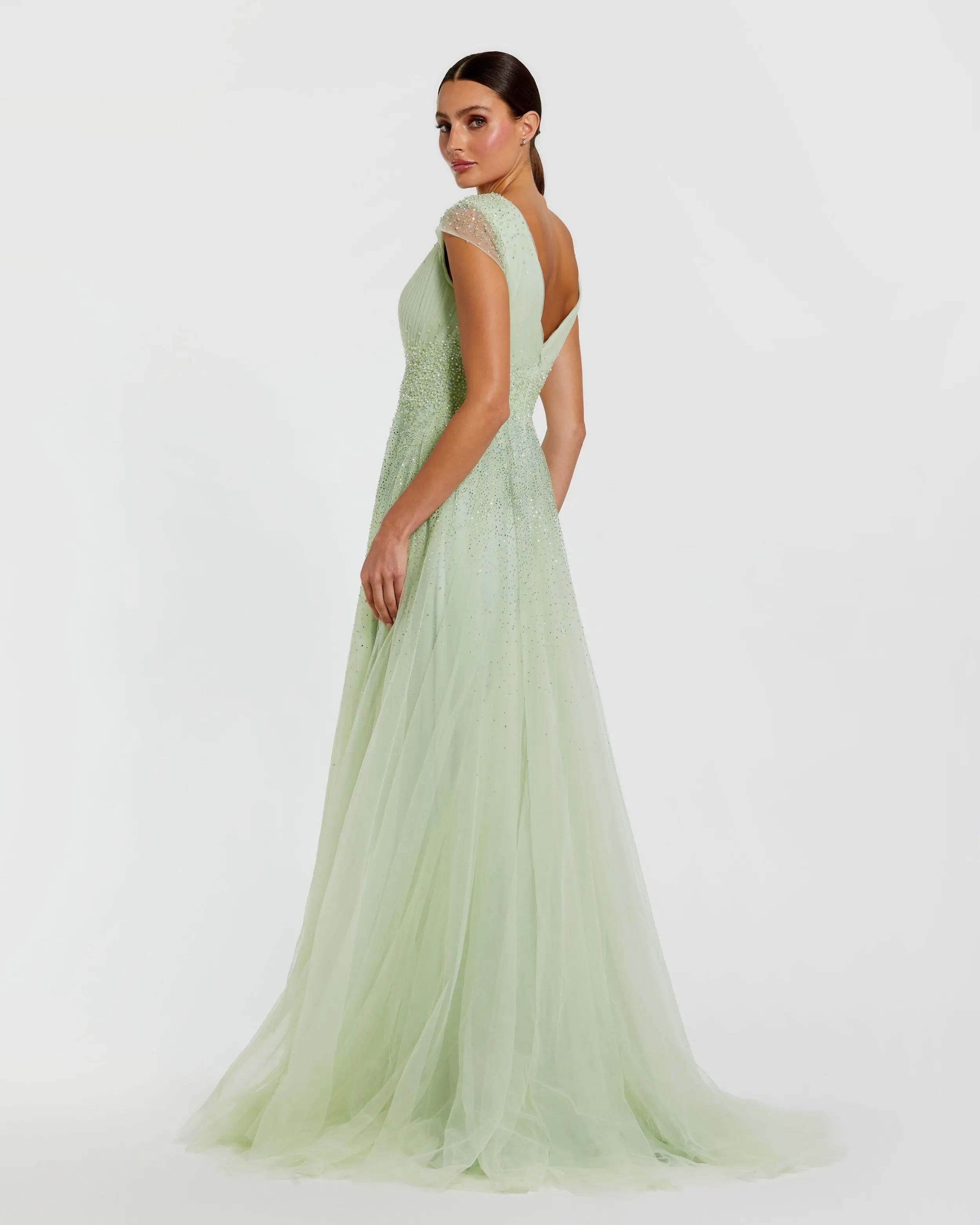 Green Embellished Cap Sleeve V Neck Tulle Gown