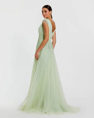 Green Embellished Cap Sleeve V Neck Tulle Gown