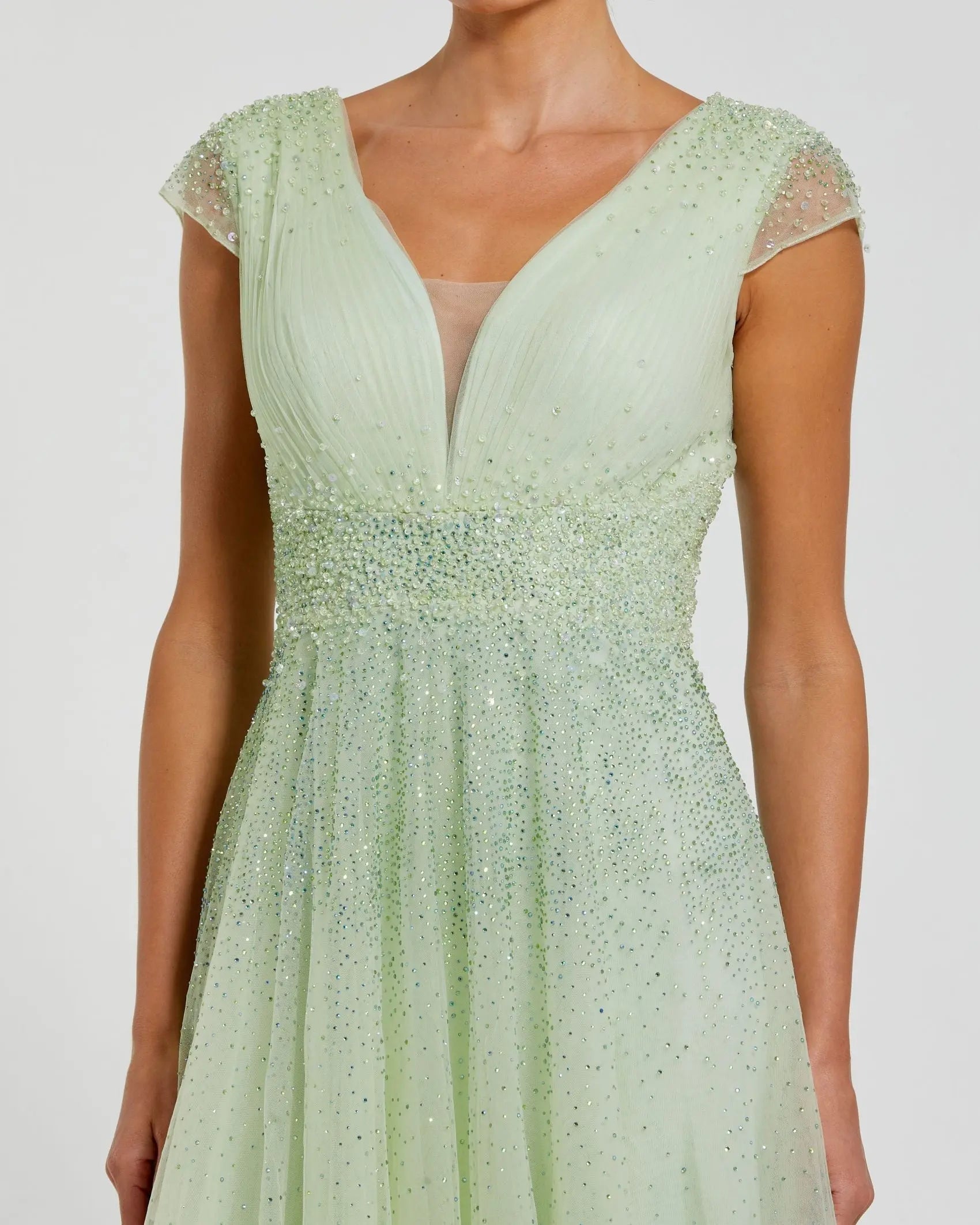 Green Embellished Cap Sleeve V Neck Tulle Gown