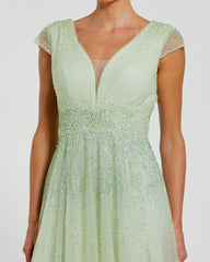 Green Embellished Cap Sleeve V Neck Tulle Gown